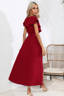 Robe midi nouée à volants et col en V