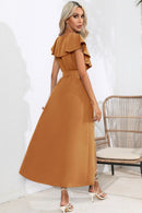 Robe midi nouée à volants et col en V