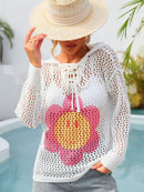 Cover-up con capucha y diseño calado con cordones y estampado de flores