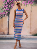 Vestido tipo pareo midi sin mangas con cuello redondo a rayas