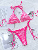Conjunto de bikini con estampado de leopardo y cuello halter con lazo lateral