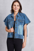 Pocketed Button Up Short Sleeve Denim Top