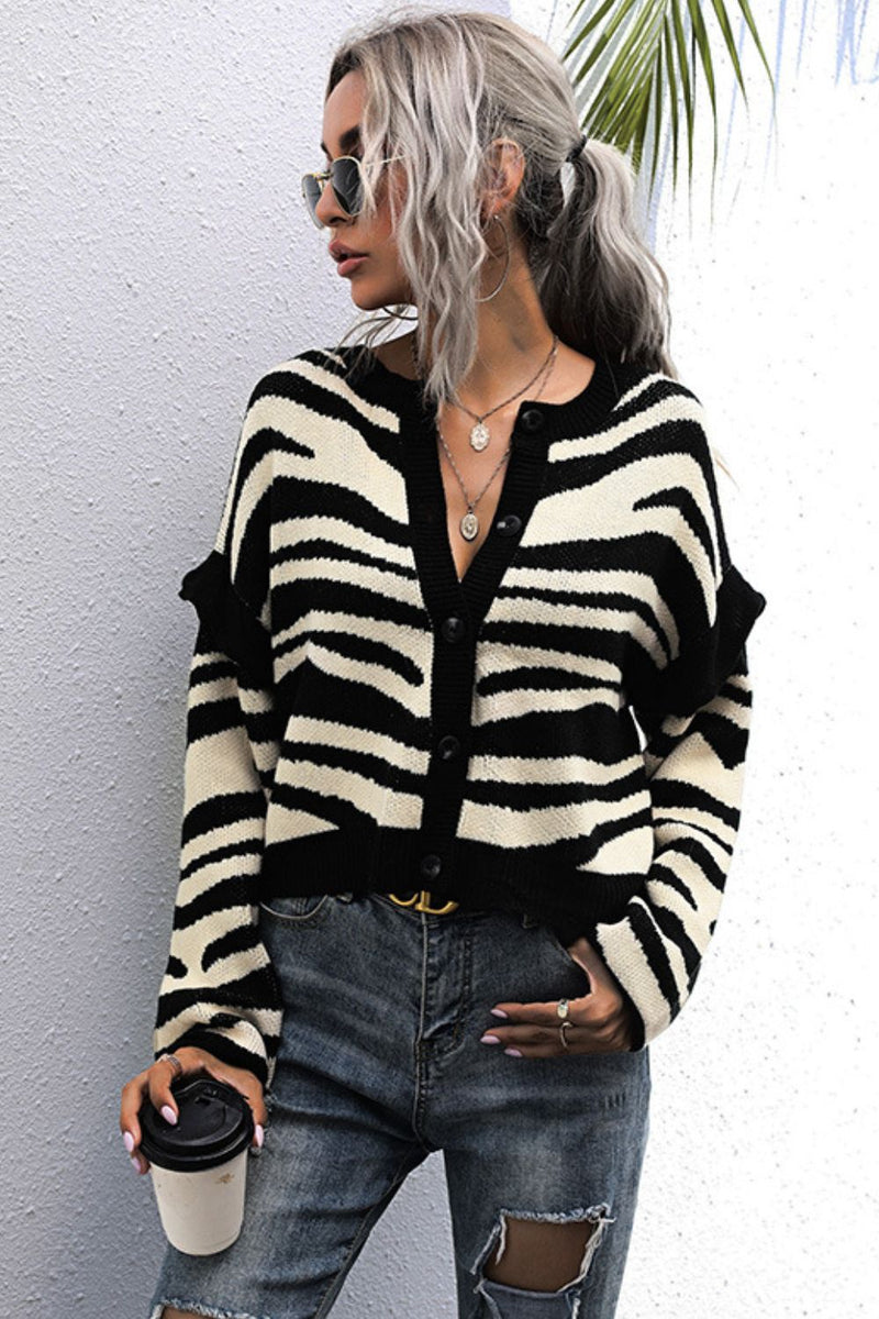 Perfee Woven Right Striped Button-Down Round Neck Drop Shoulder Cardigan