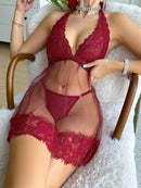 Floral Lace Halter Babydoll Lingerie Dress With Thong
