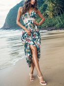 Robe caraco mi-longue imprimée à col licou et détails en dentelle