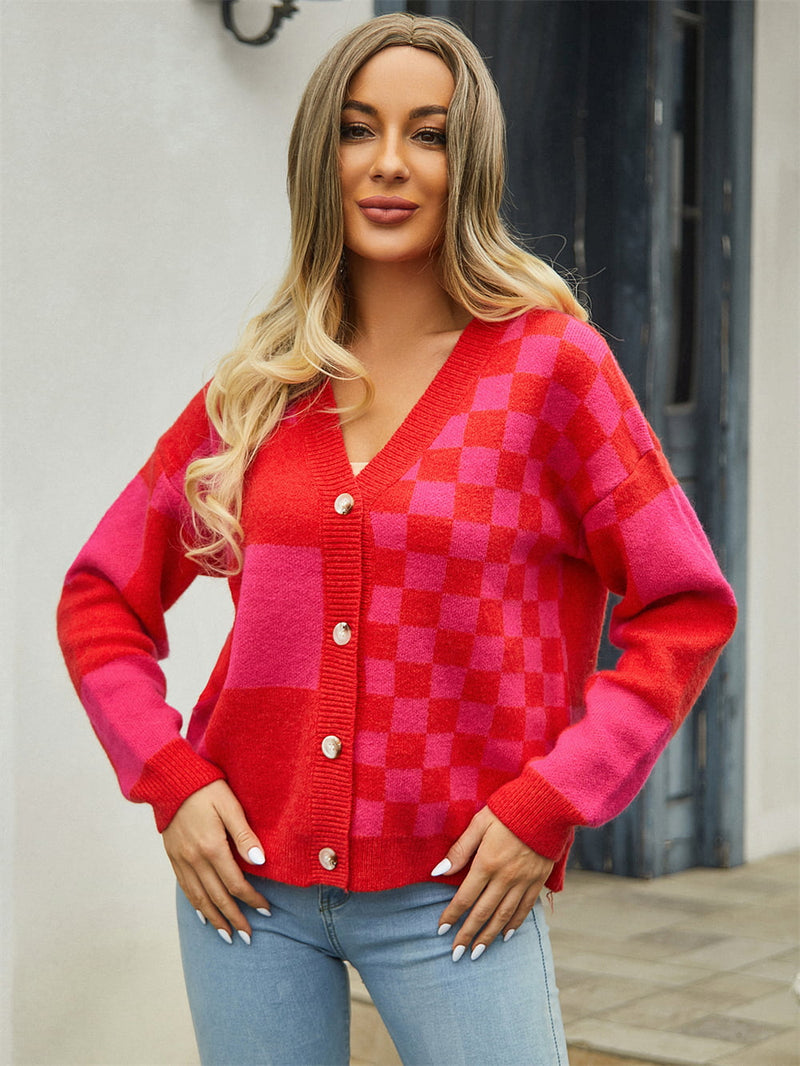 Angel Wings Plaid V-Neck Dropped Shoulder Cardigan