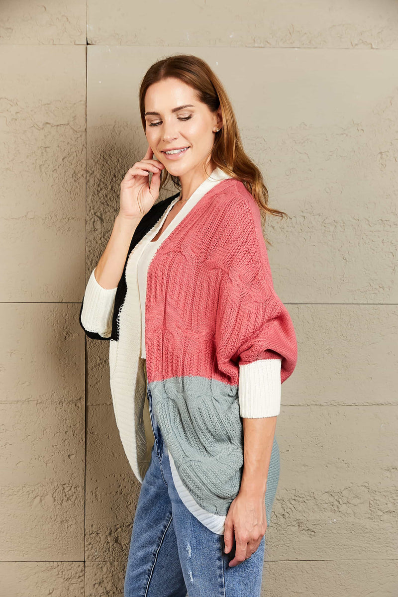 Woven Right Color Block Cable-Knit Batwing Sleeve Cardigan