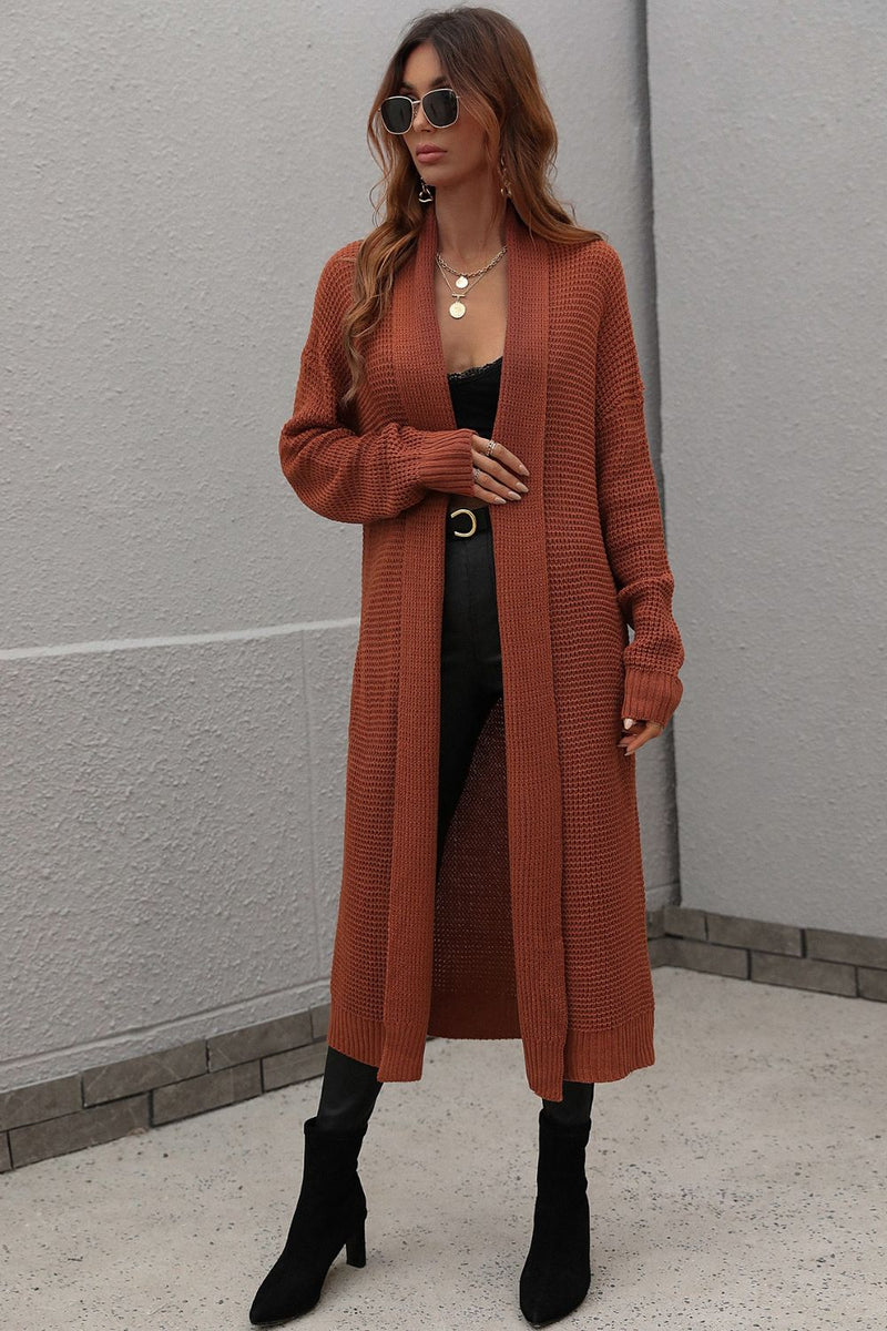 Waffle Knit Open Front Duster Cardigan With Pockets