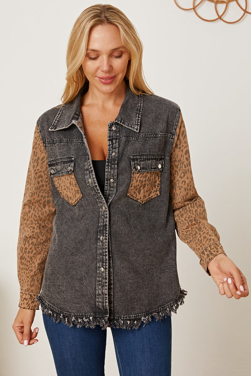 MeiMei Leopard Raw Hem Pocketed Denim Jacket