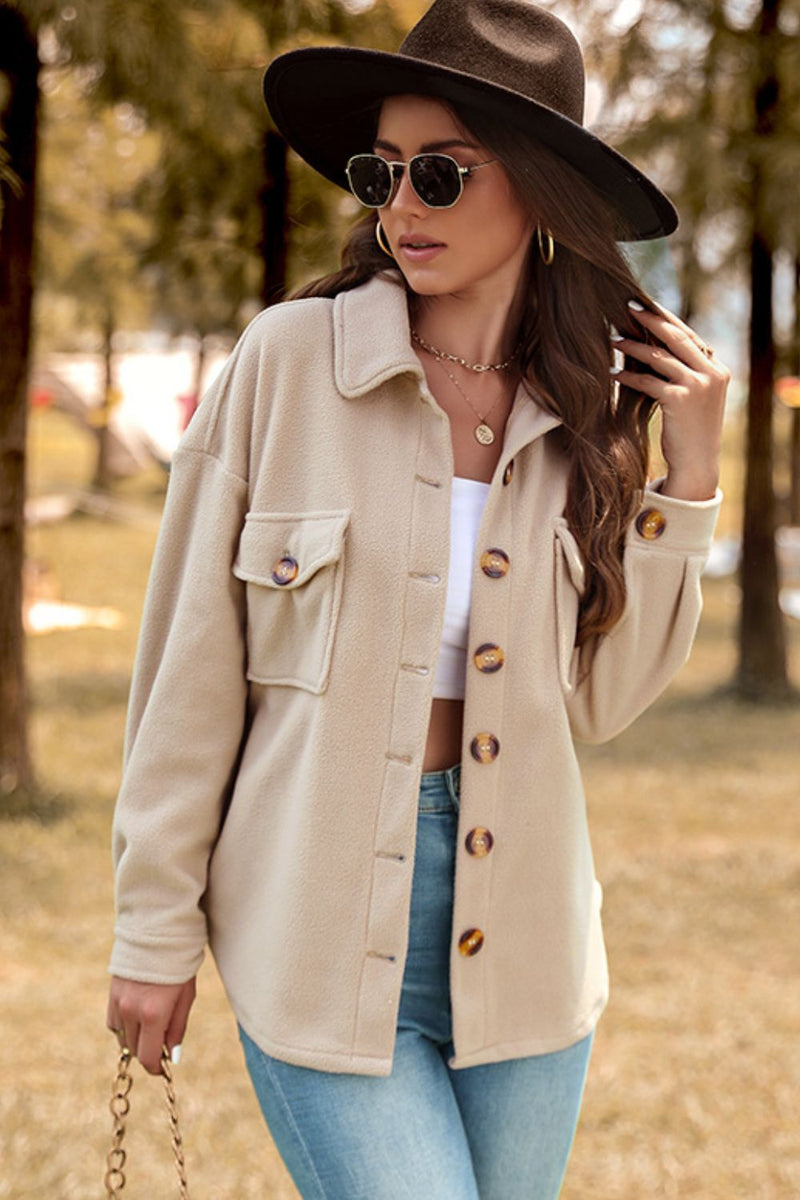 Perfee Button-Up Shirt Jacket with Breast Pockets