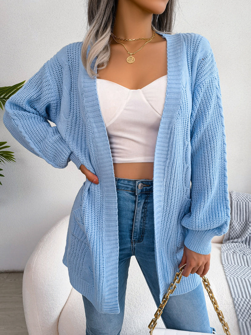 Cable-Knit Open Front Pocketed Cardigan