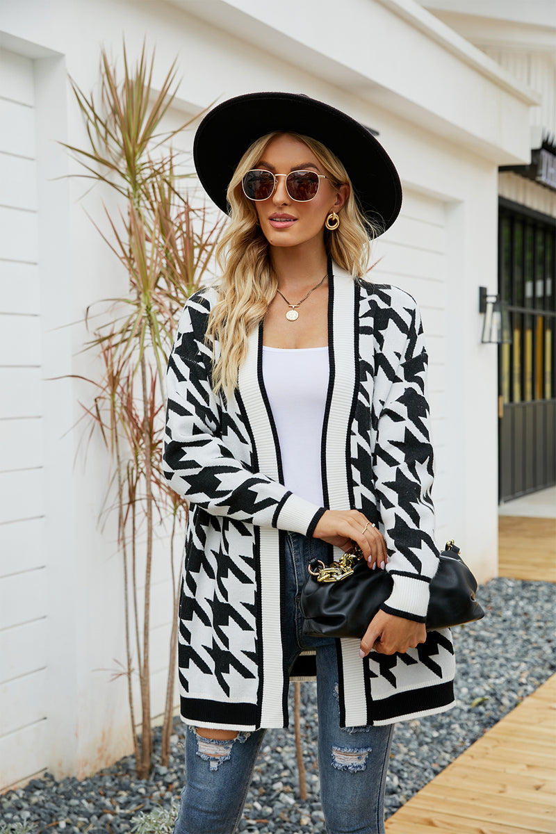 Mandy Houndstooth Open Front Longline Cardigan