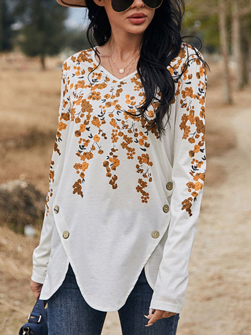 Floral Print V-Neck Long Sleeve Buttoned Tee