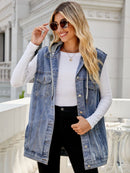 Haut en denim sans manches à capuche avec cordon de serrage et poches