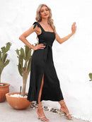 Robe mi-longue à bretelles nouées et encolure carrée