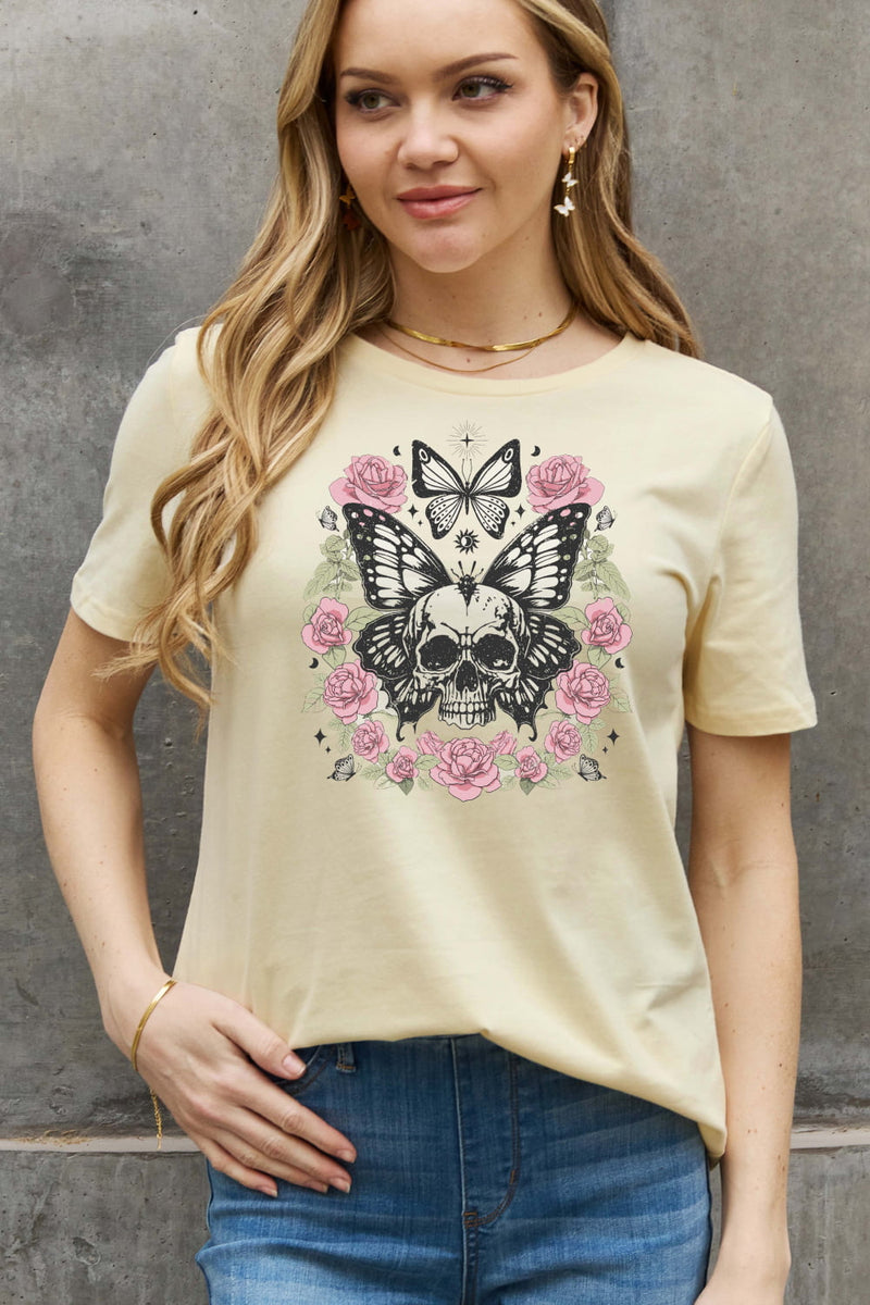 Camiseta de algodón con estampado de mariposa y calavera de tamaño completo de Simply Love