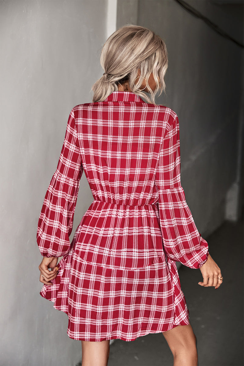 Plaid Band Collar Drawstring Shirt Dress