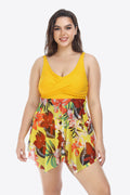 Plus Size Floral Two-Tone Asymmetrical Hem Two-Piece Swimsuit