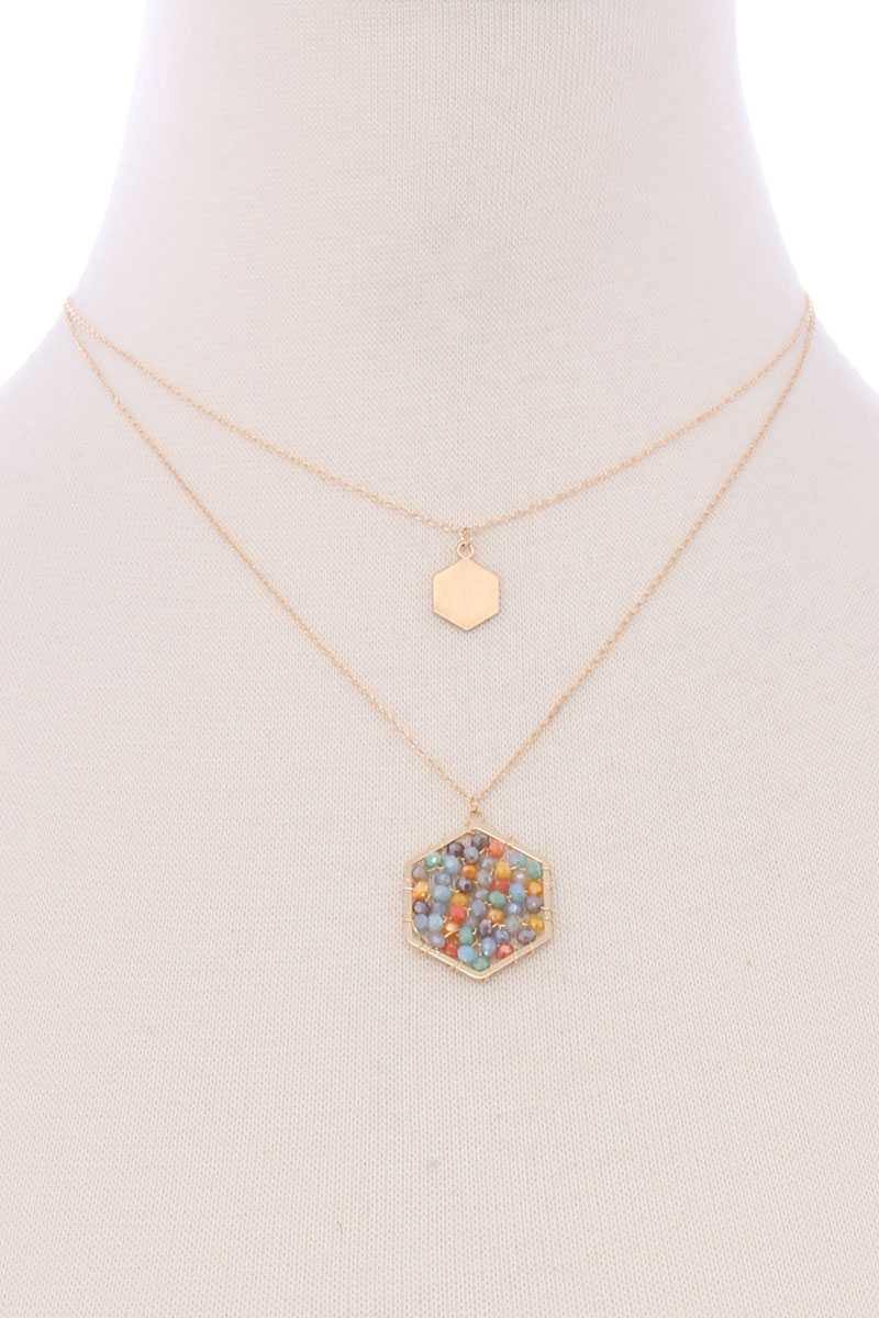 2 Layered Geometric Glass Bead Pendant Necklace - AM APPAREL
