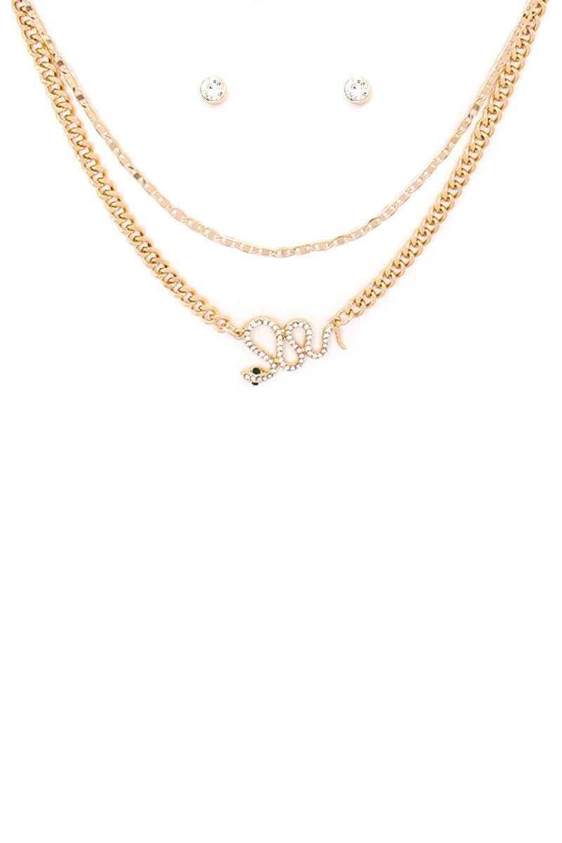 2 Layered Metal Chain Rhinestone Snake Pendant Necklace Earring Set - AM APPAREL