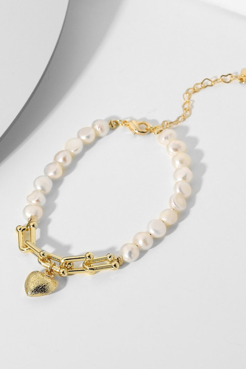 Bracelet Perle Charme Coeur Plaqué Or 14K