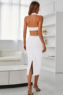 Robe Mi-Longue Fendue Découpée à Col Halter et Strass