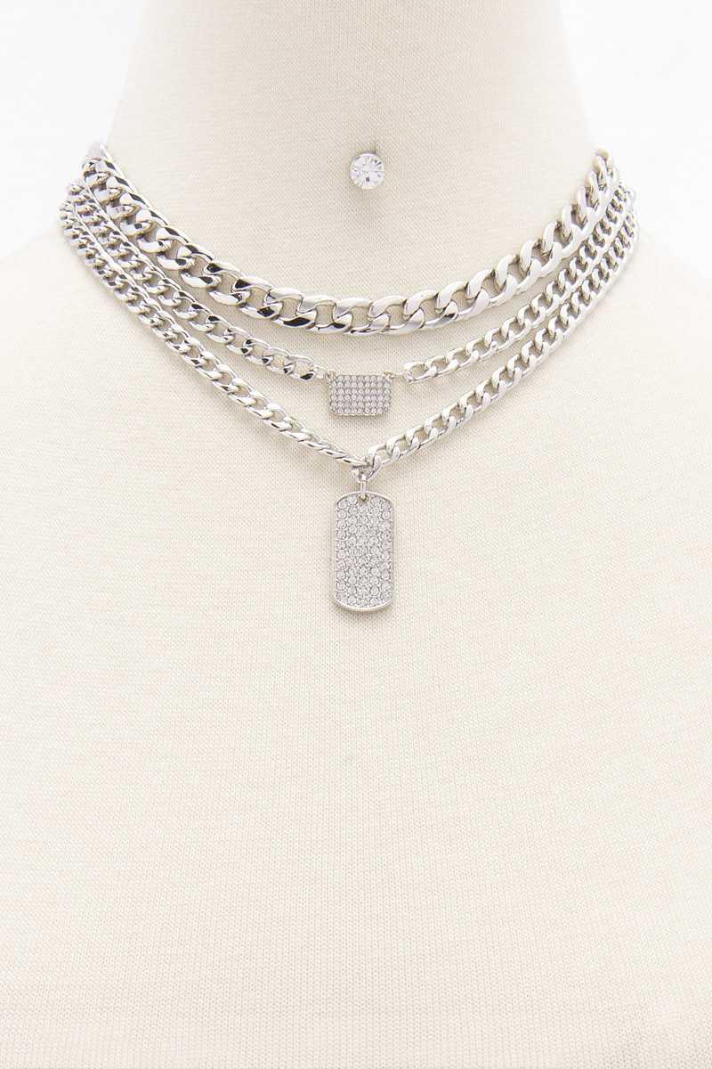 3 Layered Metal Chain Rhinestone Pendant Necklace Earring Set - AM APPAREL