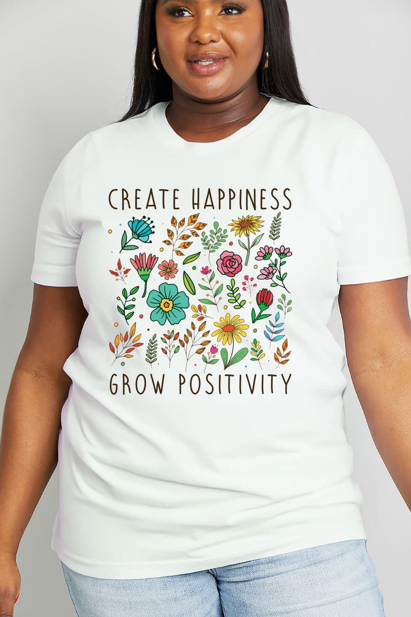 Camiseta de algodón con estampado de CREATE HAPPINESS GROW POSITIVITY de tamaño completo de Simply Love