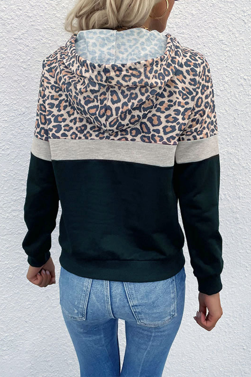 Sweat à capuche léopard color block à manches longues et cordon de serrage