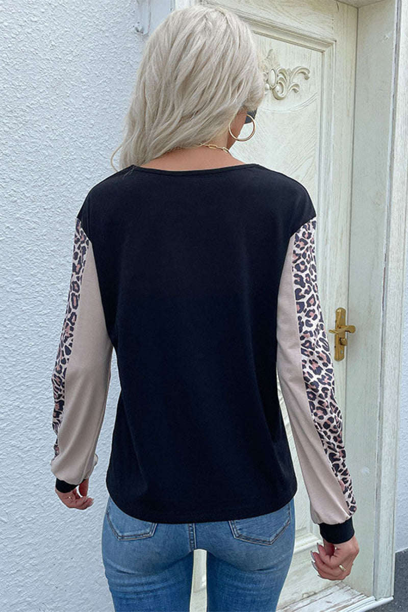 Sweat-shirt à manches longues et blocs de couleur léopard