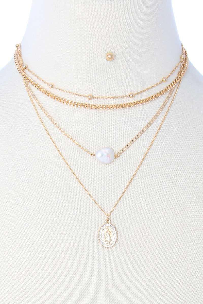 4 Layered Metal Chain Pearl Pendant Necklace Earring Set - AM APPAREL