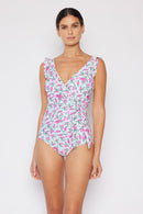 Marina West Swim - Maillot de bain une-pièce flottant à volants avec faux cache-cœur - Roses Off-White
