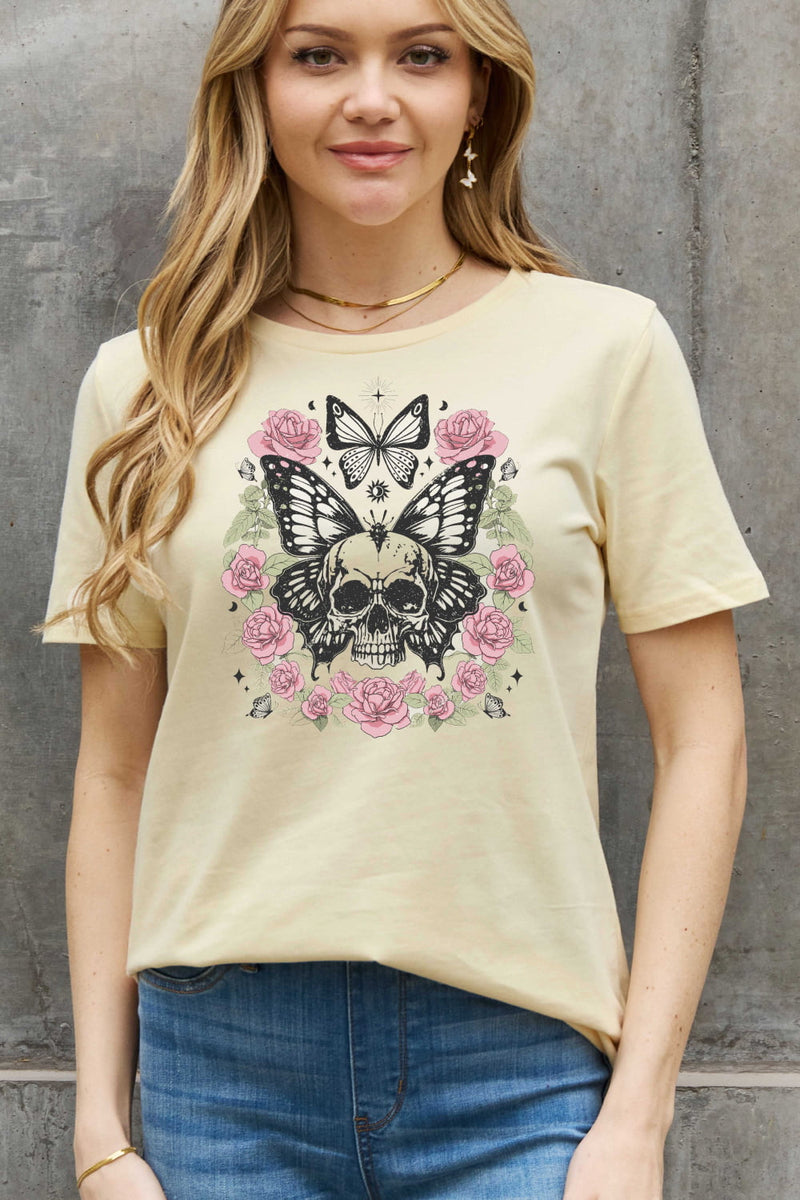 Camiseta de algodón con estampado de mariposa y calavera de tamaño completo de Simply Love