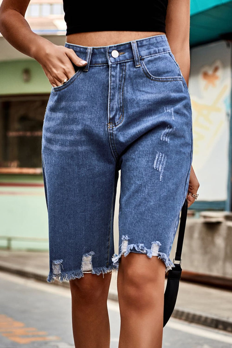 Short en jean taille haute à ourlet brut avec poches