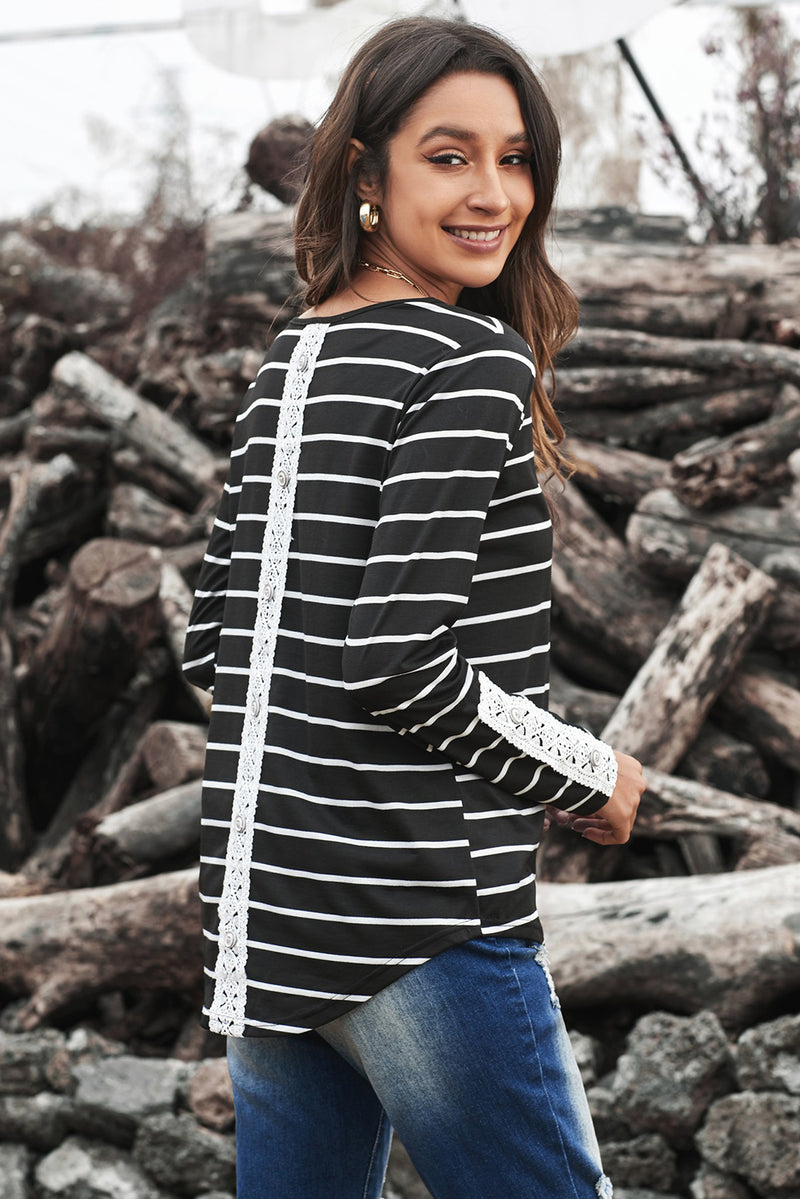 Striped Lace Button Detail Top