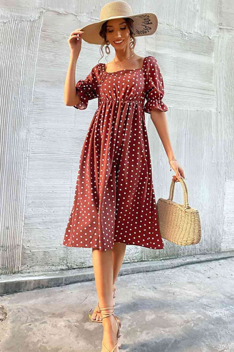 Polka Dot Square Neck Flounce Sleeve Dress