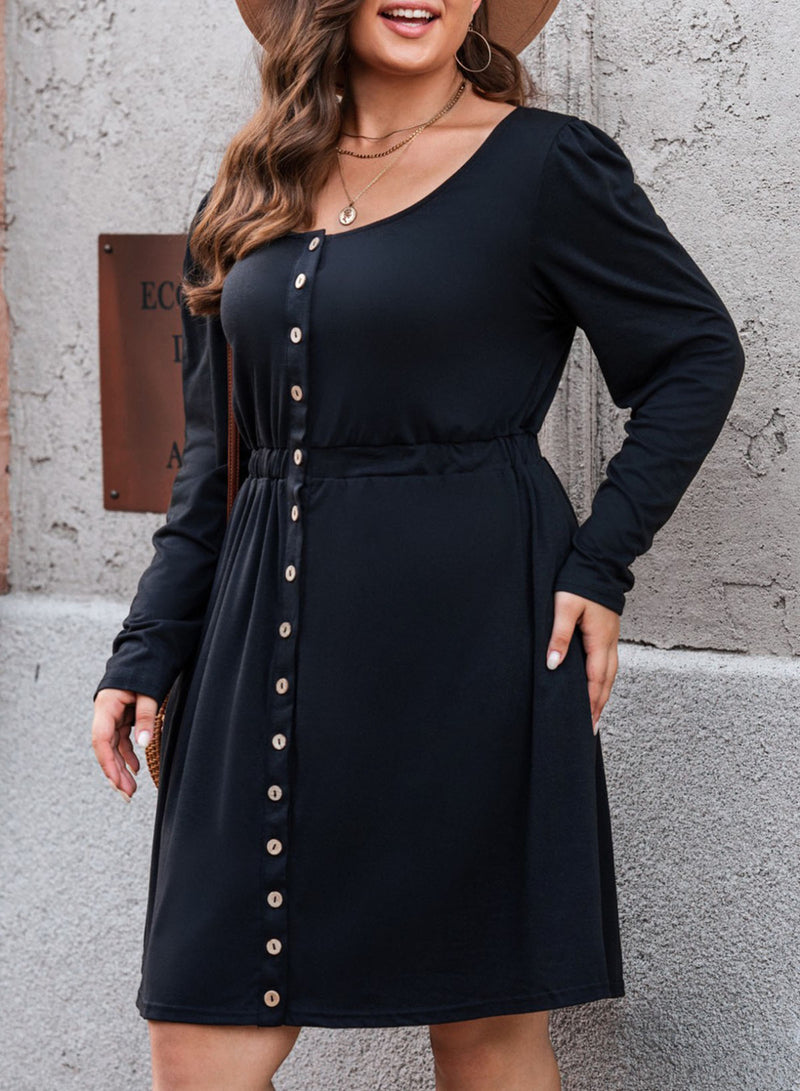 Robe Boutonnée à Taille Élastique à Manches Longues de Grande Taille