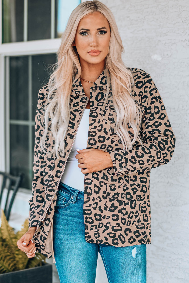 Veste à taille léopard avec cordon de serrage et poches