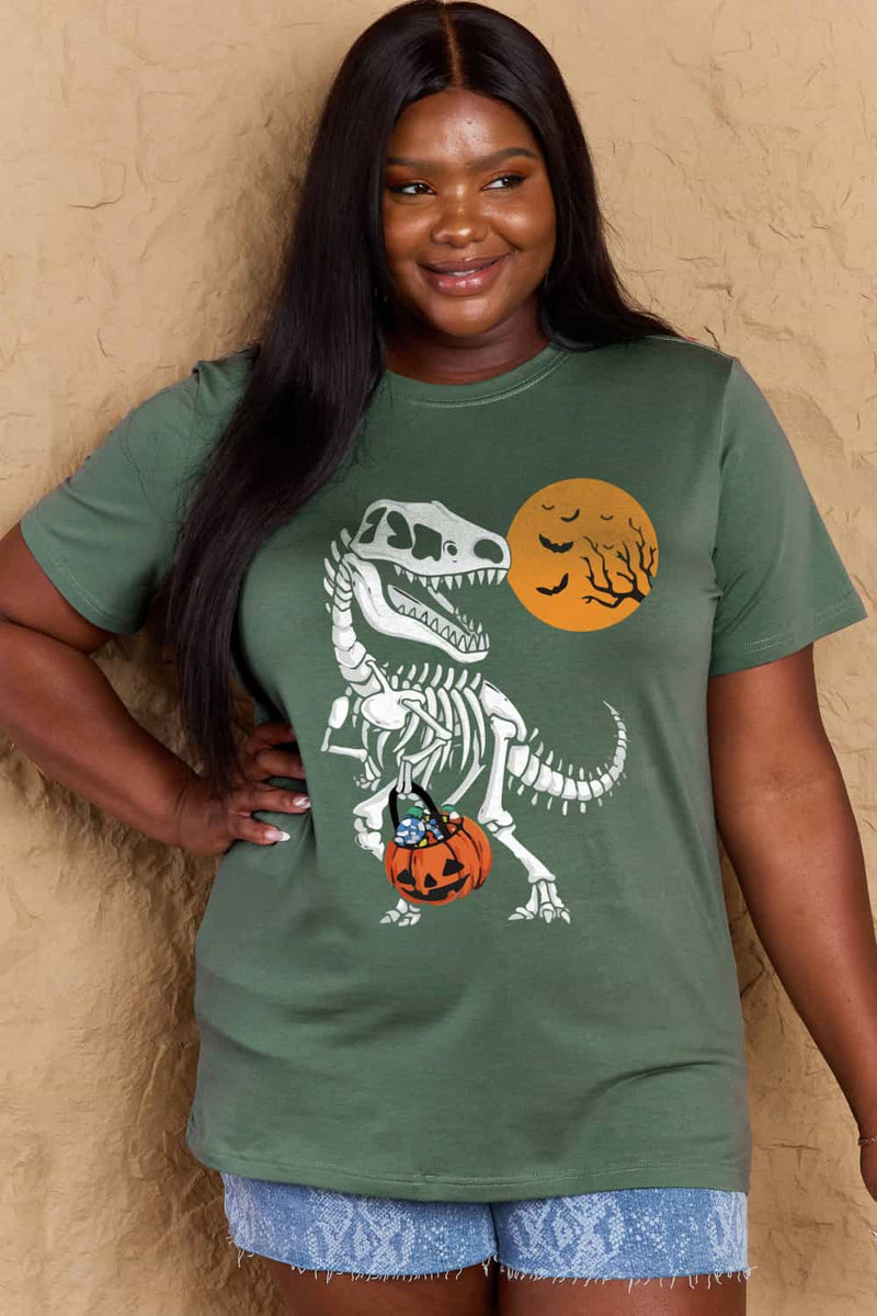 T-shirt en coton avec motif squelette de dinosaure, grande taille, Simply Love
