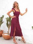 Robe mi-longue à bretelles nouées et encolure carrée