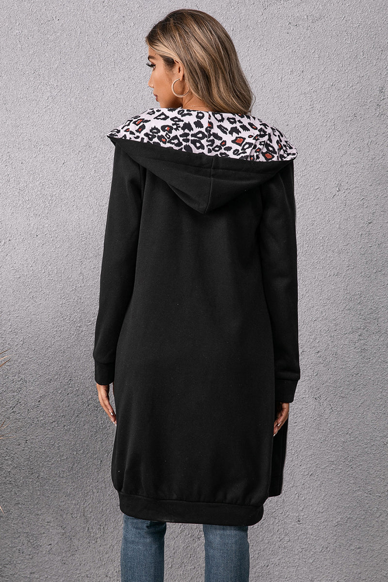 Robe à capuche zippée à cordon de serrage imprimé léopard