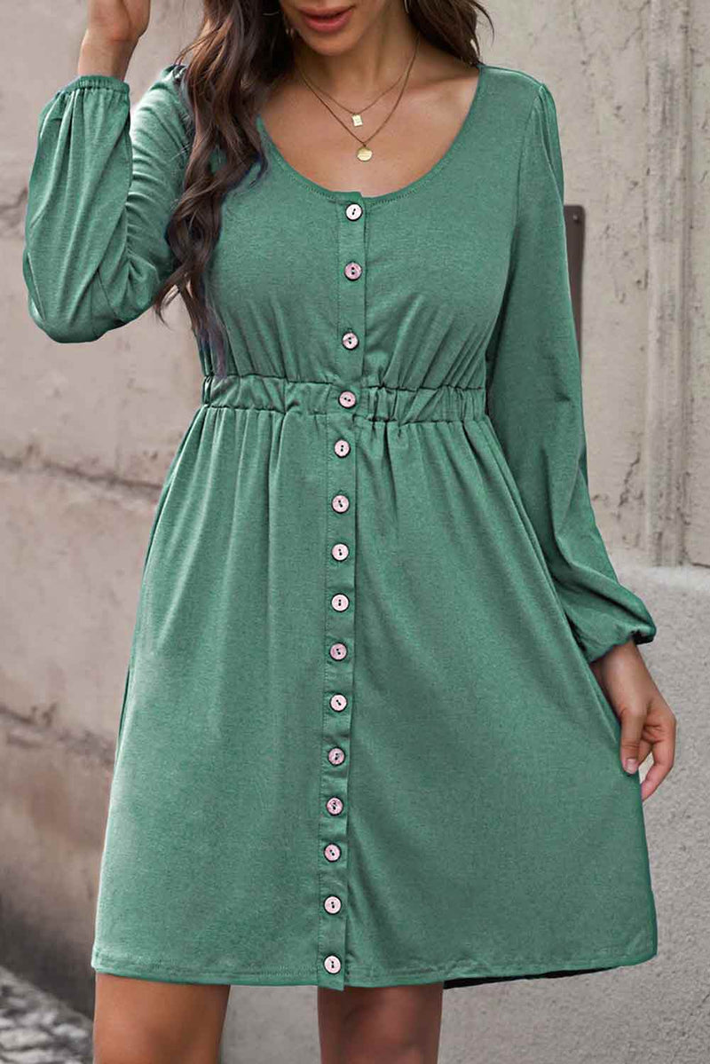 Robe Boutonnée à Taille Élastique à Manches Longues de Grande Taille