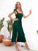 Robe mi-longue à bretelles nouées et encolure carrée