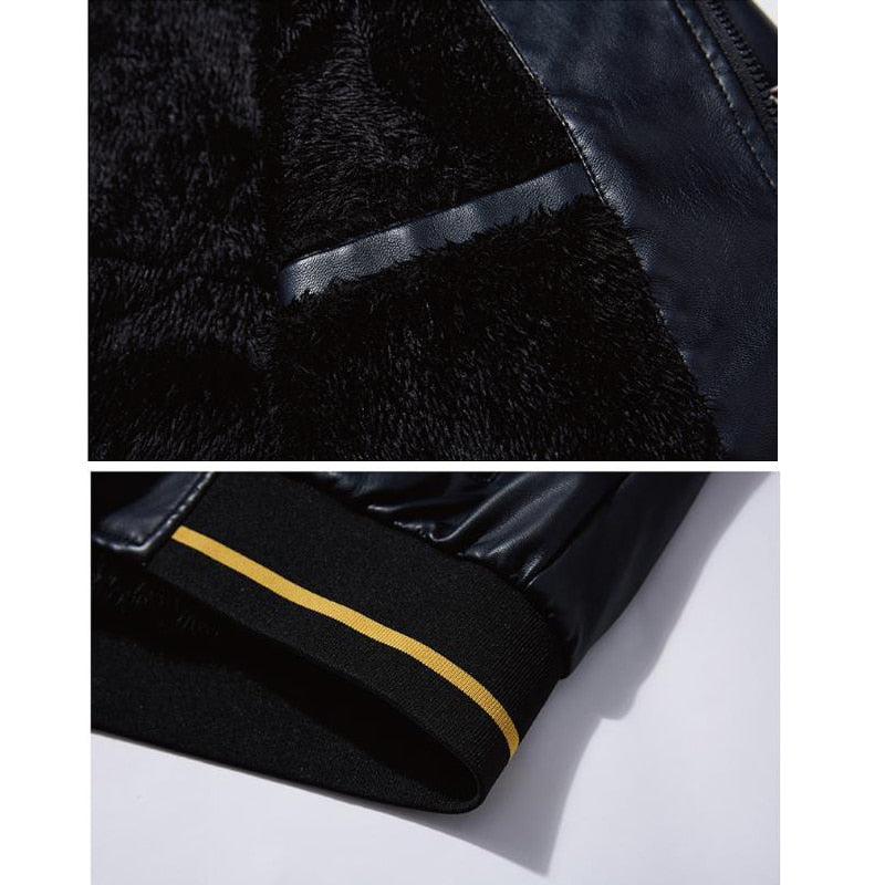 Men's Embroidery Fleece Inside Faux Leather Jacket