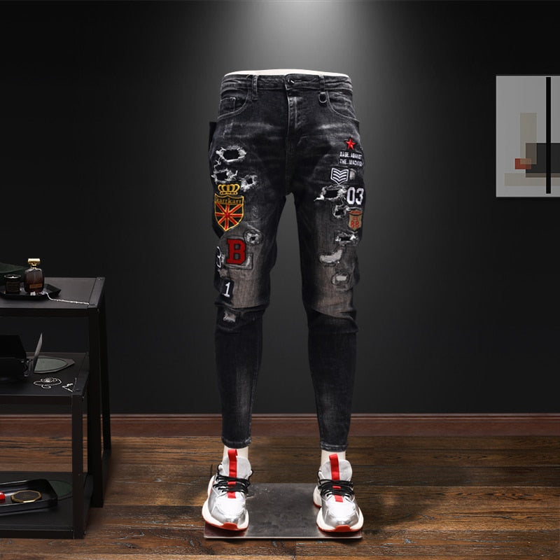 Men's Embroidery Distressed Casual Slim Fit Jeans