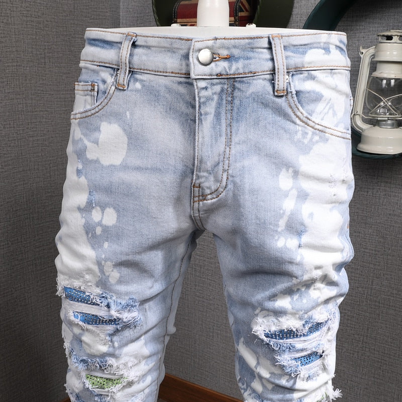 Men's Patchwork Distressed Slim Fit Jeans