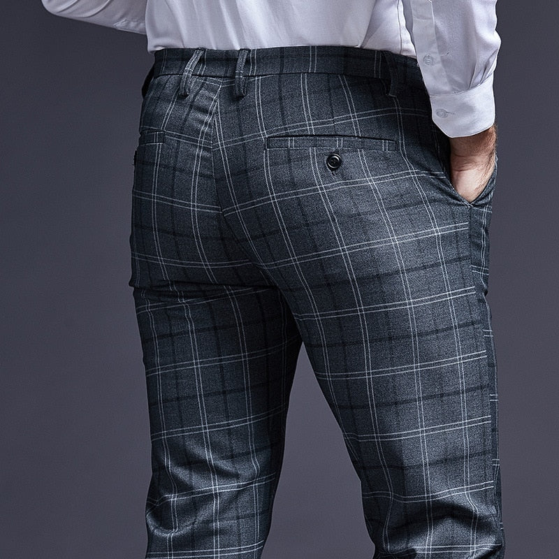 LARA Pantalon de costume formel à carreaux coupe slim pour homme 
