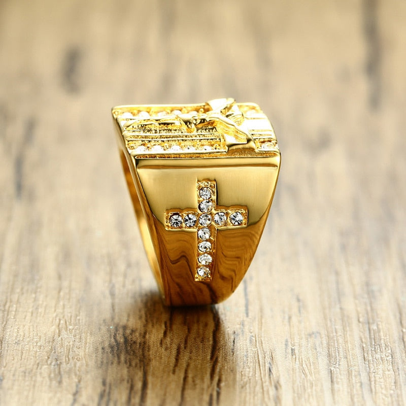 ZORC Men's Gold Color Punk Cross Ring