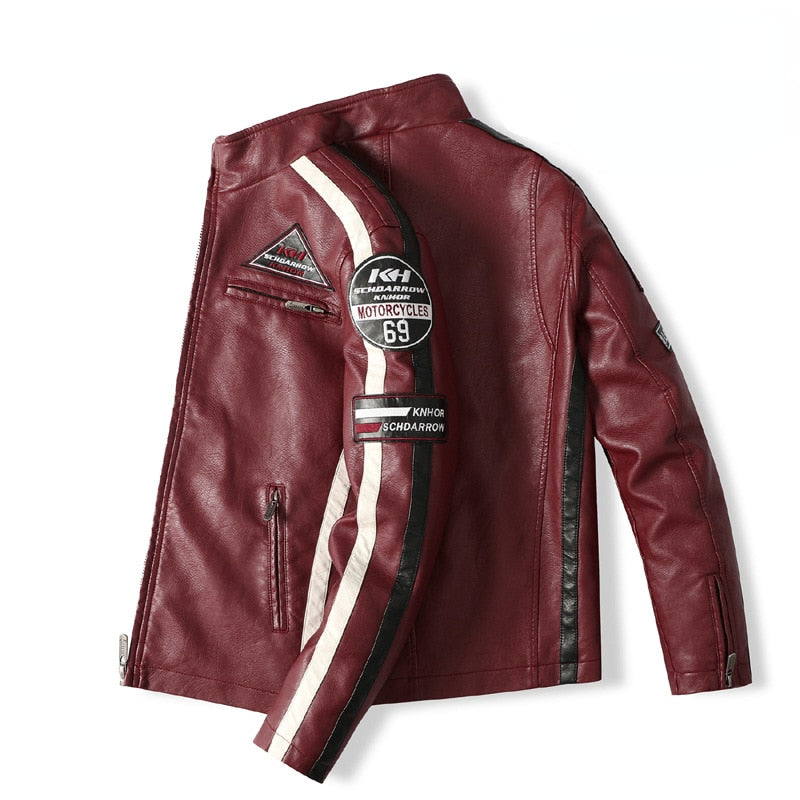 Chaqueta de piel sintética bordada de moto vintage para hombre