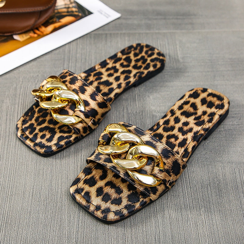 Pantuflas tipo sandalia planas con estampado de leopardo para mujer